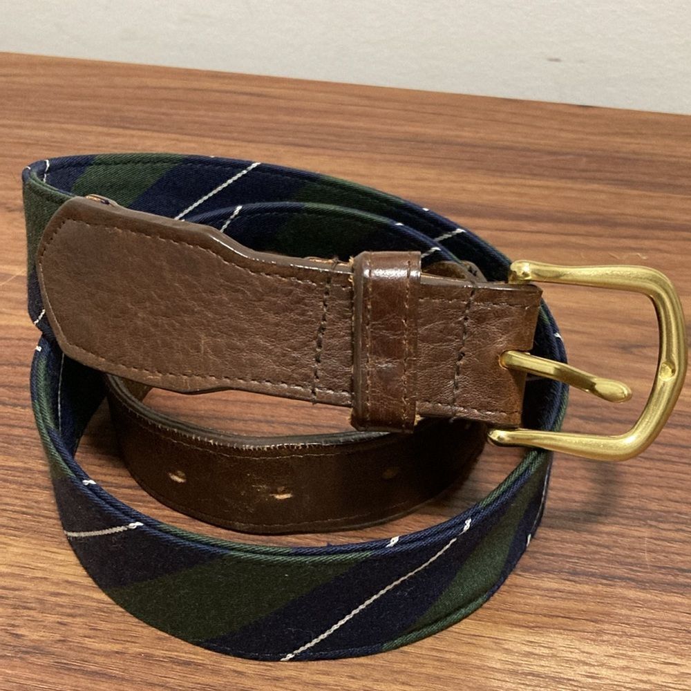 FH Wadsworth Men’s Leather Tab Belt in Blue/Green Tartan Stripe.
